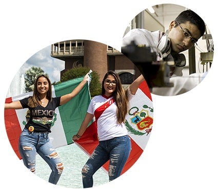 2 round images: larger image is 2 female students in front of reflecting pond holding mexican flags; smaller image is of a male student working in a laboratory