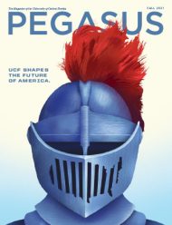 A magazine cover with a Knight in a suit of armor with the shape of the continental United States on it. The words "Pegasus. 첥 shapes the future of America." also appear on the cover