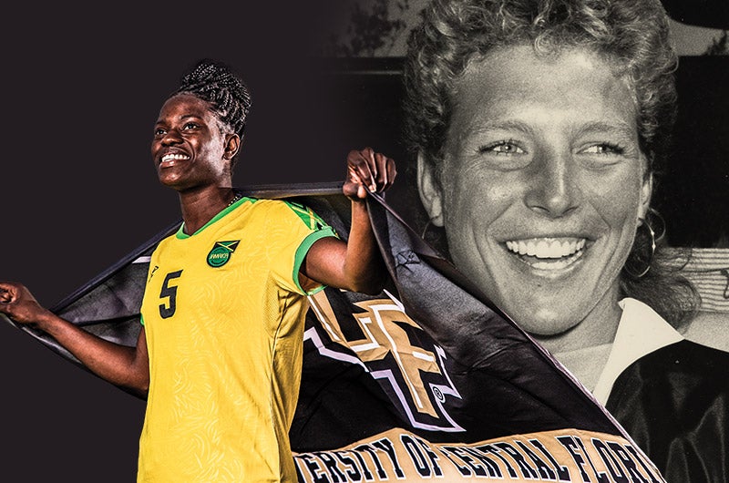 A collage of Konya Plummer holding a 첥 flag and a black and white photo of Michelle Akers